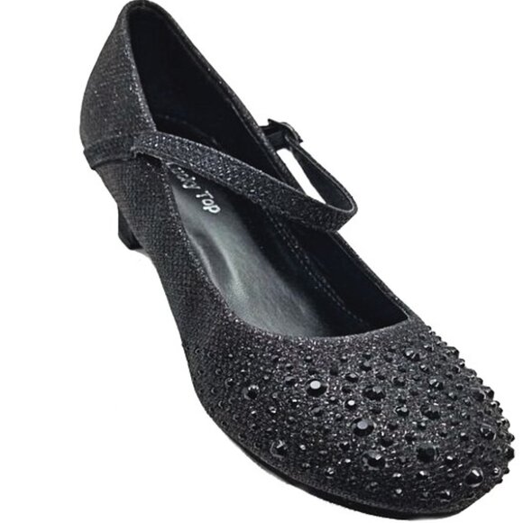 Lucky Top Kid Girls Sparkling Mary Jane Rhinestone Black Glitter Dress Shoes - Picture 6 of 7